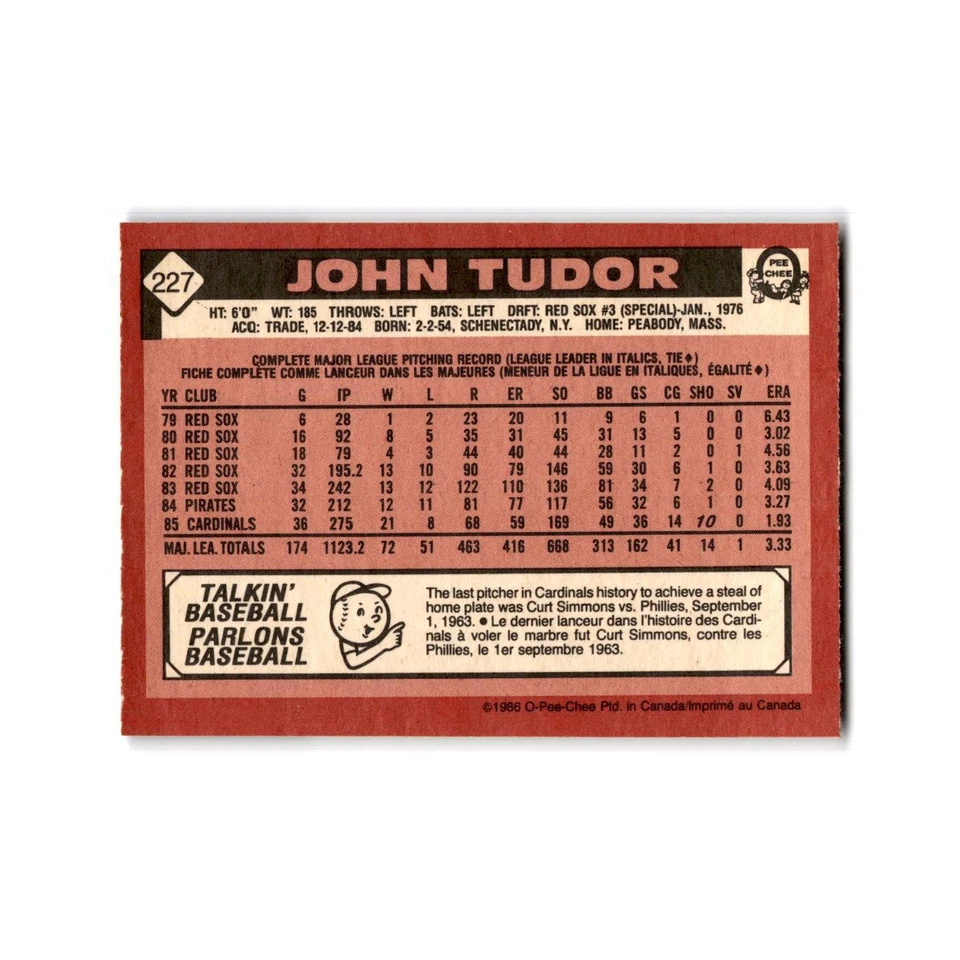 John Tudor 1986 O-Pee-Chee #227 St. Louis Cardinals Baseball Card NM - Image 2 of 3