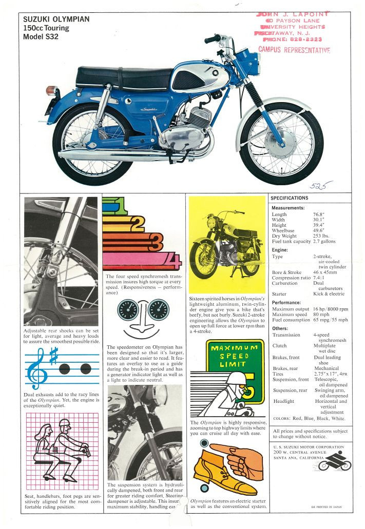 SUZUKI Brochure S32 S32-II Olympian 1965 1966 1967 1968 Sales