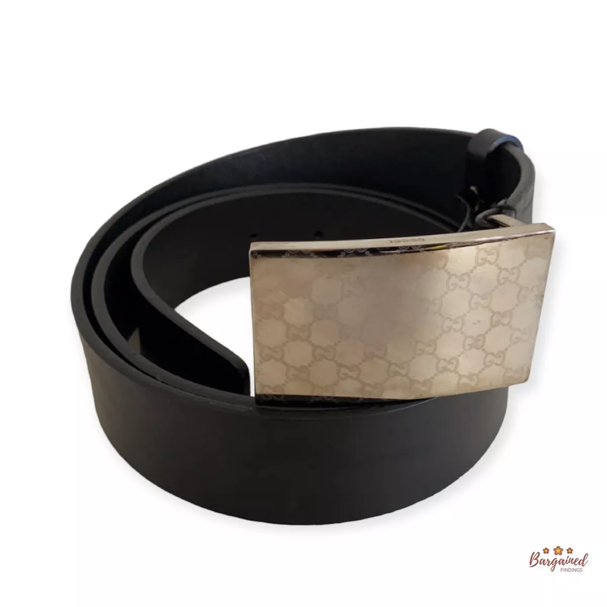 Authentic Gucci Black Calfskin Leather Silver GG Metal Buckle Belt