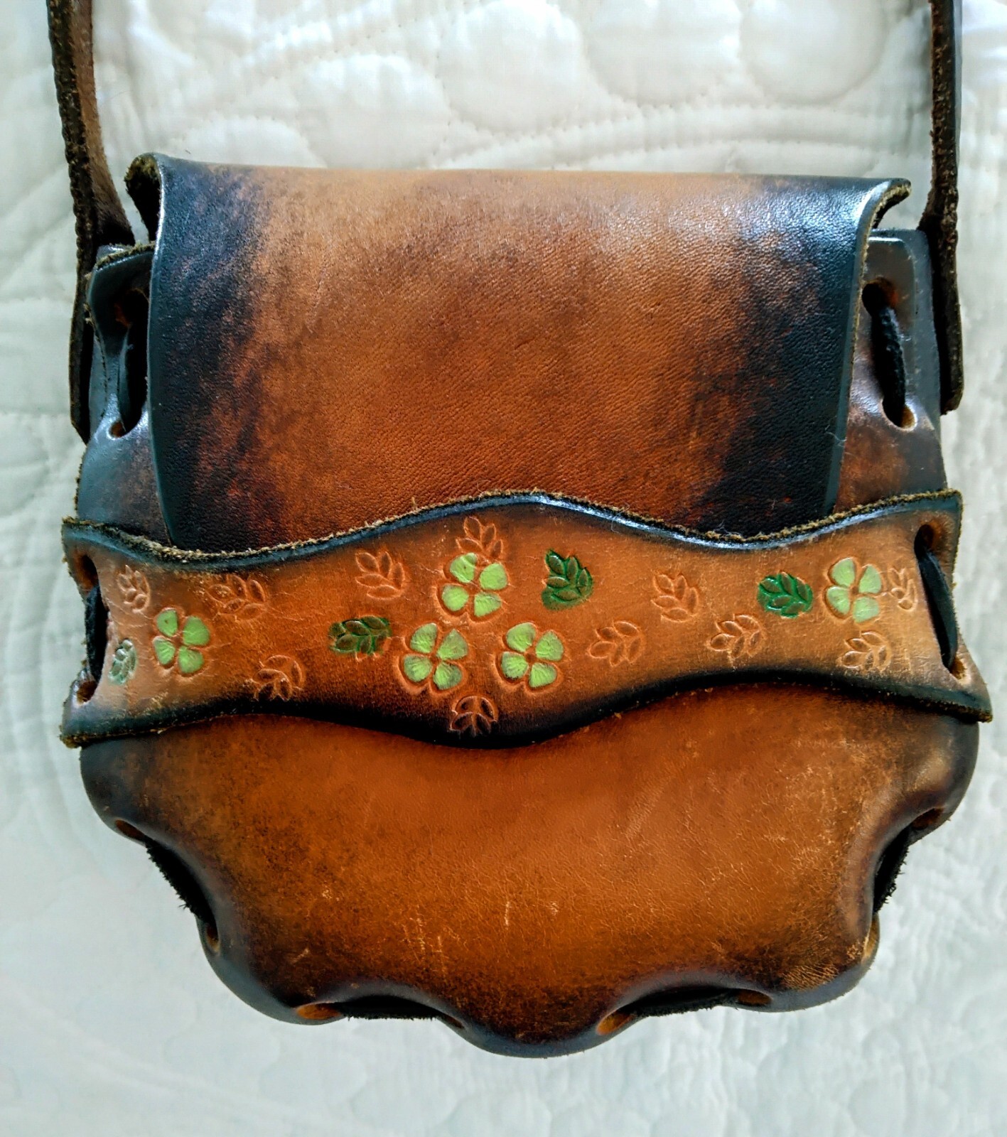 Vintage Tooled Leather Purse With Painted Shamrocks 5 1/2”W, coin purse included