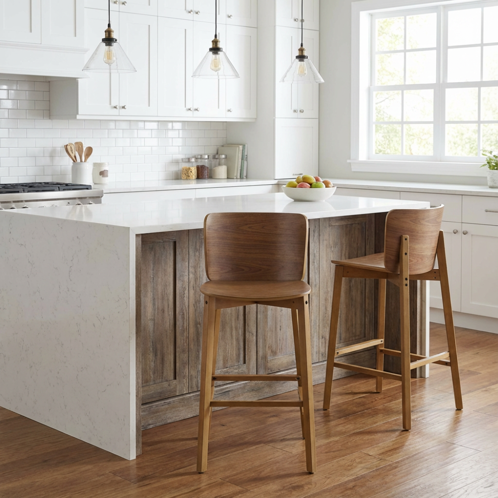 Bar Stools Set of 2, Walnut Brown Ergonomic Bentwood Back Kitchen