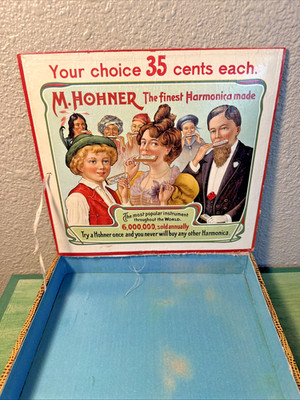 Antique M Hohner Harmonica Store Display Box Lithograph 35 Cents Germany Read .