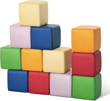 Foam Building Blocks for Toddlers：12-Pieces Wipeable Leather Stacking Cubes Kids