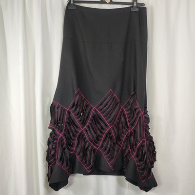 ZAEK VTG Y2K Black 100% Wool Midi Skirt UK 14 Magenta Laser Cut Out Applique
