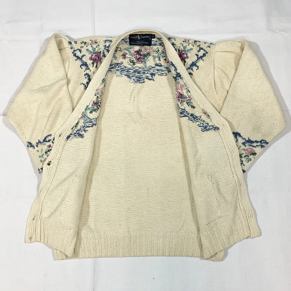 Cárdigan mediano Polo Ralph Lauren para mujer floral cuello en V dinero antiguo 100 % algodón Foto 2 de 4