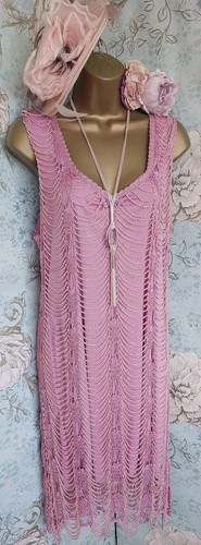 etam vintage pink crochet beaded tassel dress evening Gatsby 20s Deco flapper 18 - Picture 8 of 20