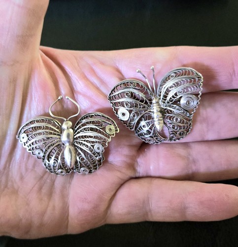 🦋LOT 2 VICTORIAN 900 STERLING SILVER FANCY FILIGREE BUTTERFLY PIN/ BROOCH - Picture 9 of 12