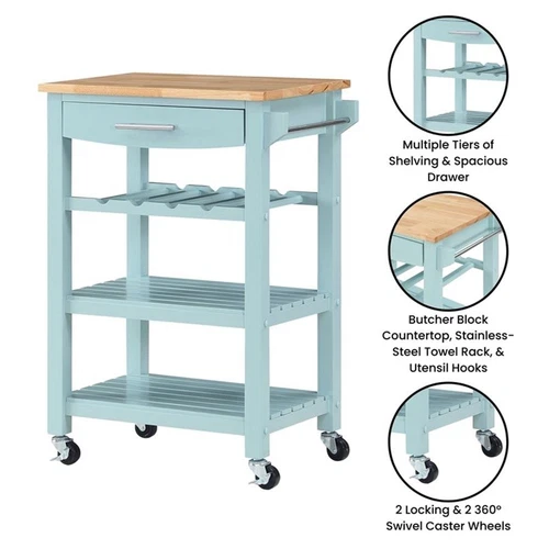 Pemberly Row Butcher Block Kitchen Cart - Thumbnail 4