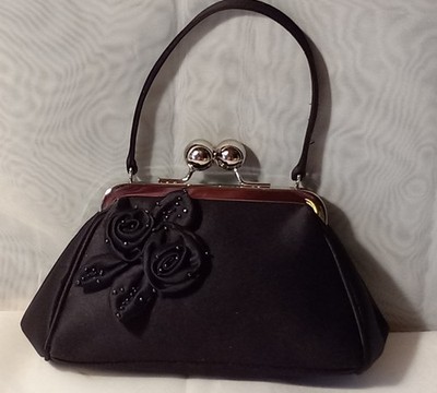 Apt 9 Black Satin Wristlet Handbag W Beaded Flowers Kiss Lock Closure. #A.  IN