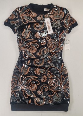 Cosmopolitan Sequin Velvet Bodycon Mini Dress Malorie NWT Black Copper Women's M