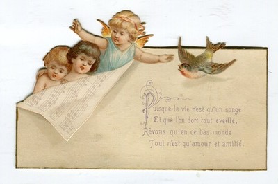 Glanzbild Oblaten scraps Engel  Kinder Noten Vogel 10,3 cm