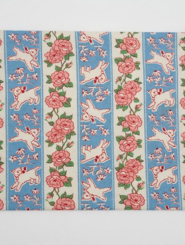 Vintage Feed Sack Fabric-Novelty-Lambs-Pink Roses-RARE-1930s Cotton 42x37