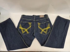 Red Ape Jeans Mens 38x32 Blue Denim Yellow Stitching Embroidered Pockets Baggy