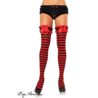 LEG AVENUE GIARRETTIERA FIOCCO E RUFFLE CALZE A RIGHE ROSSE E NERE BURLESQUE VAMPIRESS STREGA