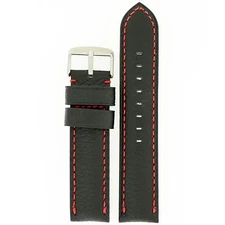 Watch Band Calf Leather Black Red Stitching Heavy Padded Long 20mm - 24mm