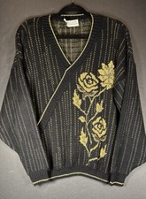 Vtg USA 80's/90s Ellen D Black  Metallic Gold Surplice Floral Sweater Sz Med