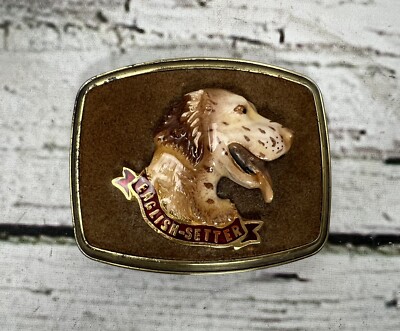 VTG 1979 English Setter Dog Breed Raintree Suede Leather Back Metal Belt Buckle