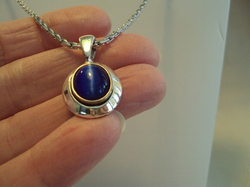 VINTAGE 16" SILVER TONE BLUE MOON STONE PENDANT NECKLACE SAC #XM - Picture 2 of 4