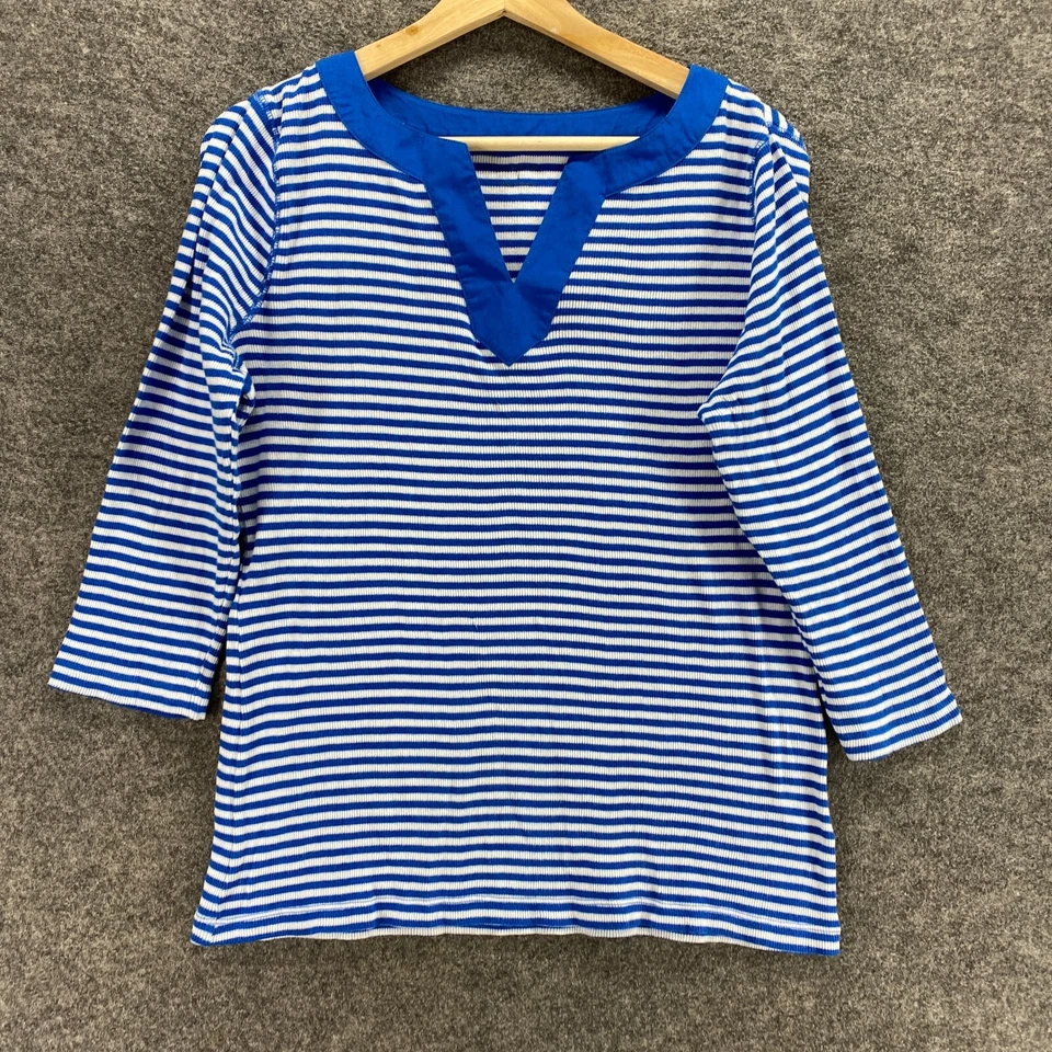 Blusa Croft & Barrow Feminina G Grande Listrada Azul Decote V Manga 3/4 Algodão Casual - Imagem 4 de 4