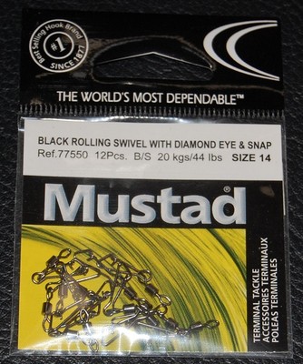 12 Pack Mustad 77550-14 Rolling Swivel with Diamond Eye and J-Hook Snap Size 14