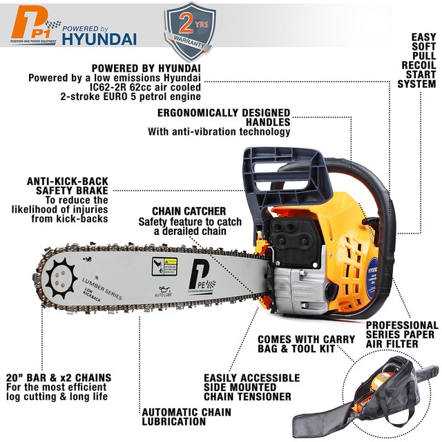 Hyundai HYC6220 20 inch Bar and Chain 62cc 2 Stroke Petrol Chainsaw for
