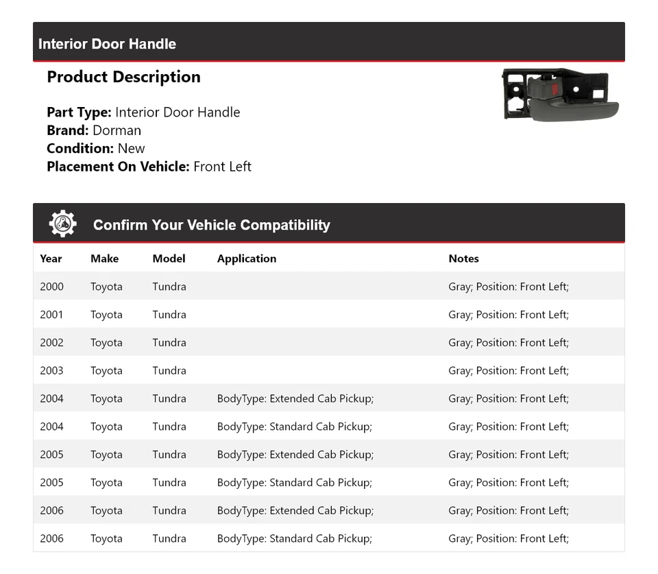 Manija de puerta interior delantera izquierda para Toyota Tundra Dorman 2000-2006 2001 2002 Foto 2 de 4