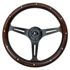 Hiwowsport 14" Wood Grain Black Sporke Steering Wheel 1.5" Dish Classic W Rivets