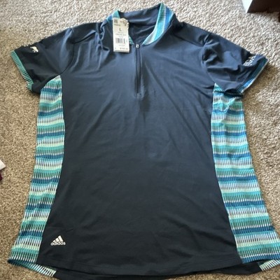 adidas Women s Golf Polo 1/4 Zip Short Sleeve Collared Striped L Polyester