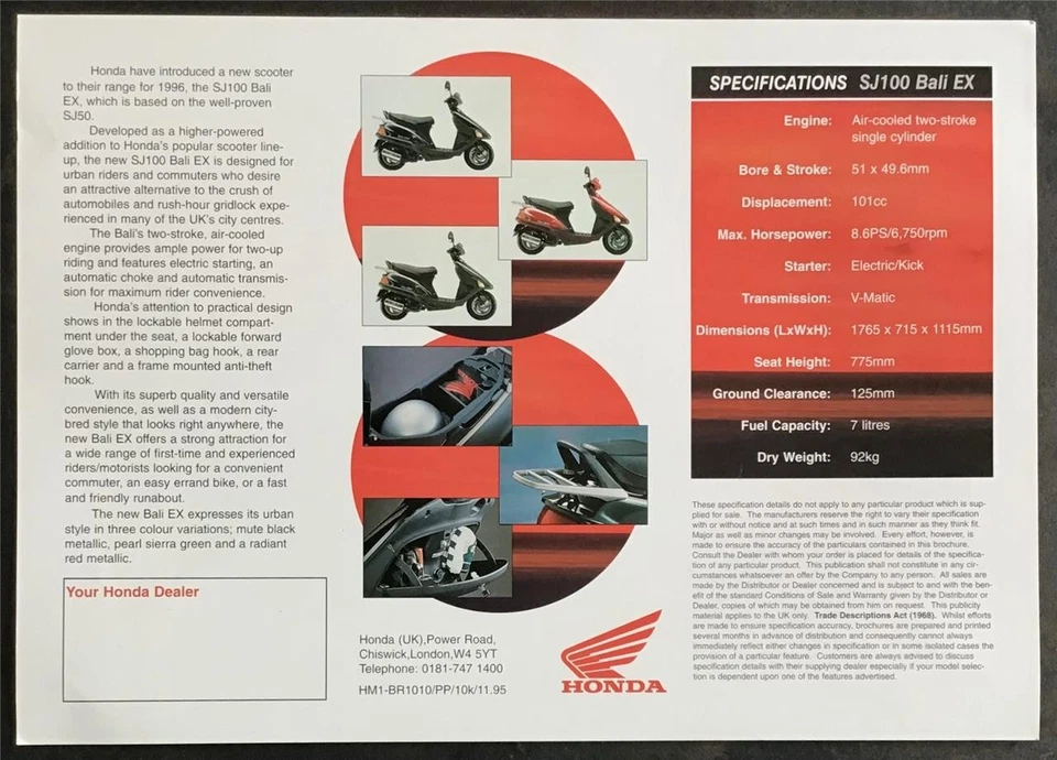 HONDA SJ100 BALI EX Scooter Sales Spec Leaflet NOV 1995 #HM1-BR1010/PP/10k/11.95 - Image 2 of 2