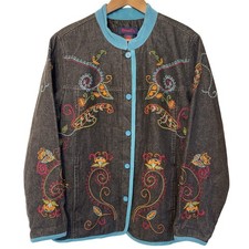 Denim Co Women s Large Blue Denim Jacket Lined Embroidered Floral Button
