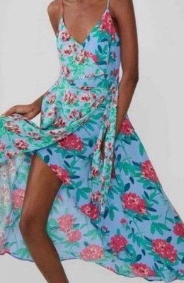 ZARA BNWT floral Dress  Midi With Wrap Voluminous Skirt pink Blue XXL plus size 