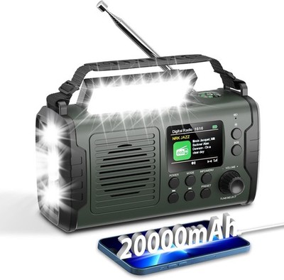 20000mAh Notfall-Kurbelradio mit DAB/FM, Solar, USB C, Bluetooth, Taschenlampe