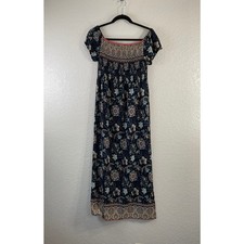 Monteau Los Angeles Floral Boho Maxi Dress Size M Smocked Puff Sleeve Navy