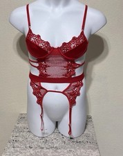 Red Lace Mesh Intimate Bodysuit Womens Size S Suspender Teddy