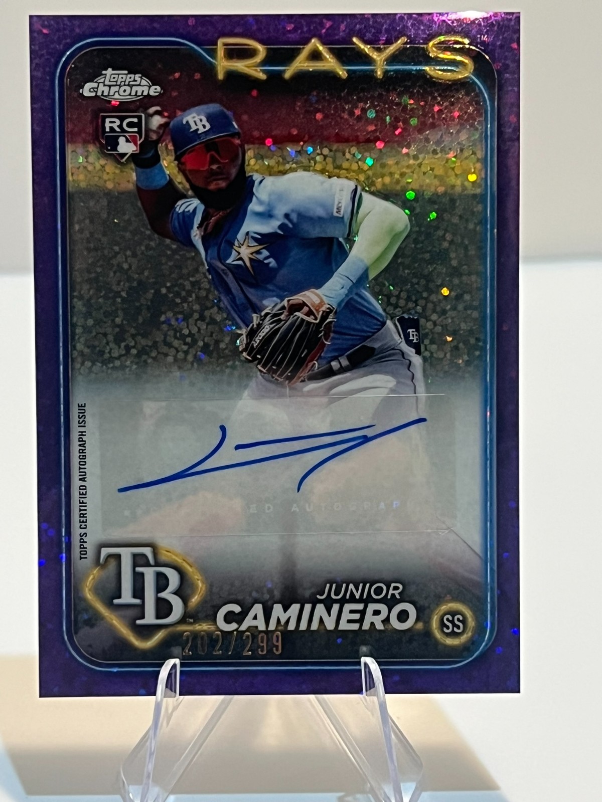 Junior Caminero 2024 Topps Chrome Update Purple Speckle Rookie RC Auto 202/299