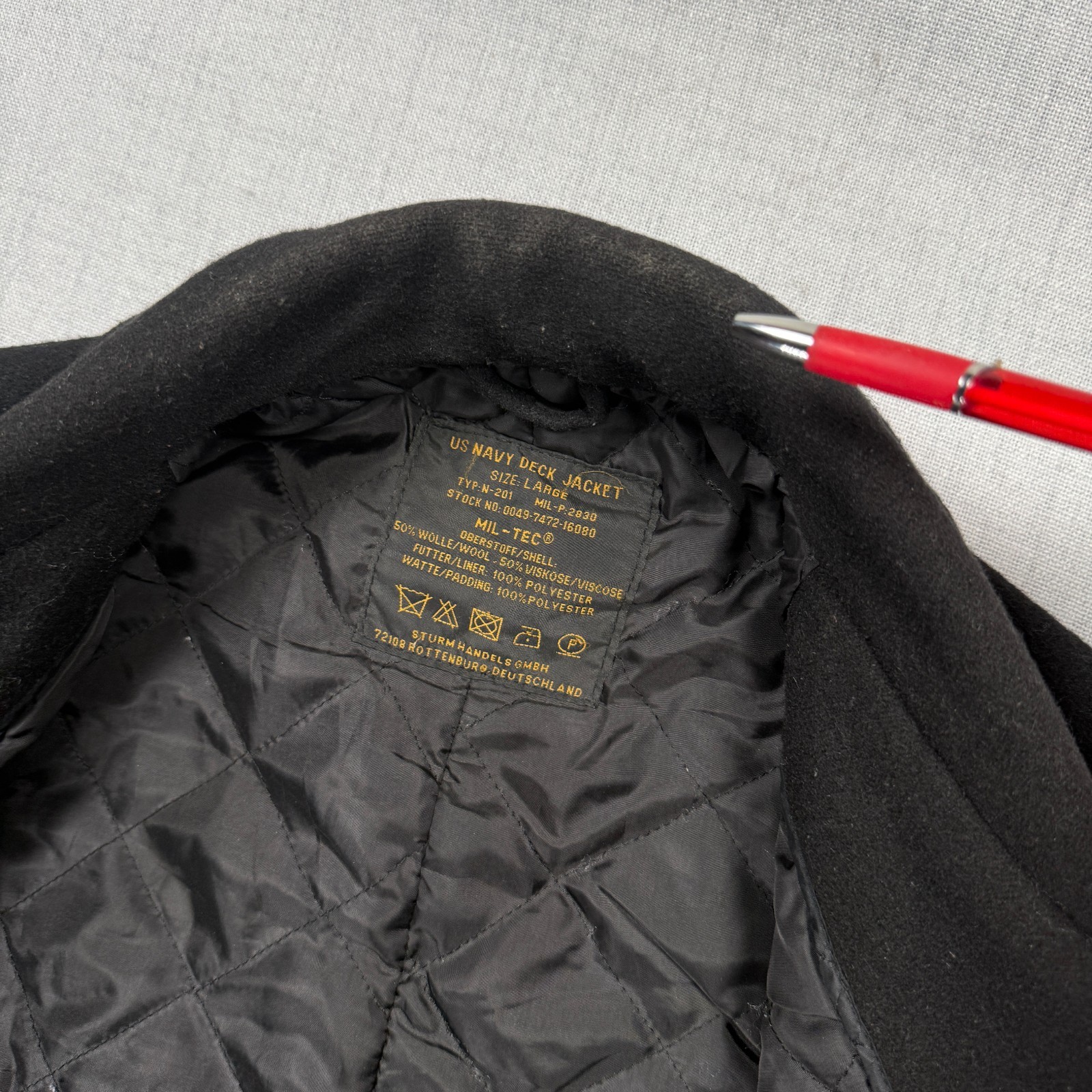 Mil-Tec US Navy Deck Jacket Black Wool Blend Peacoat Quilted Lined Size L Large