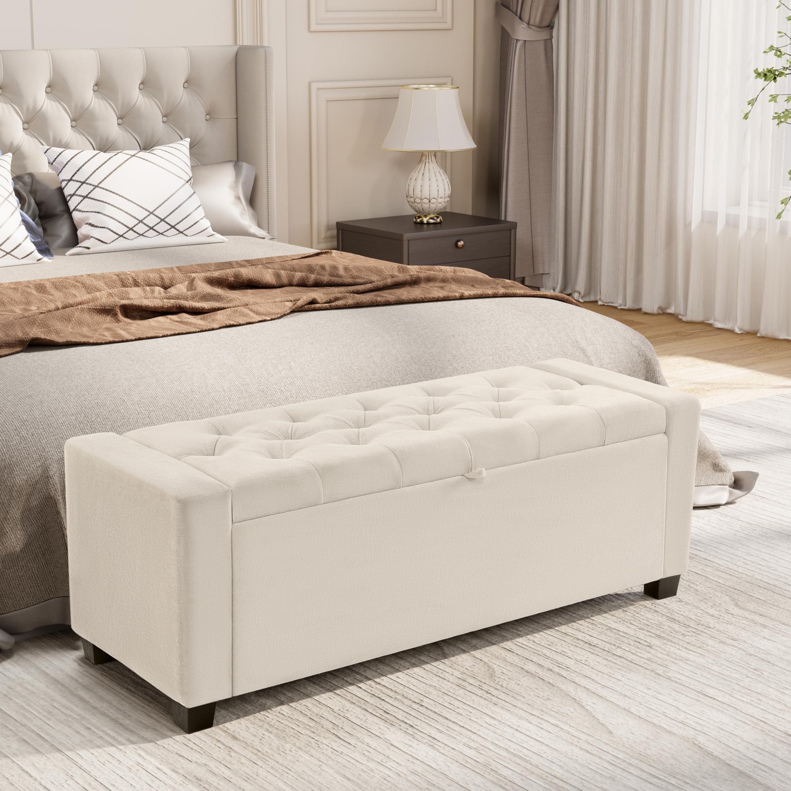 Ottoman with Storage,Tufted Storage Bench with Safety Hinge,Holds up to 350 l...