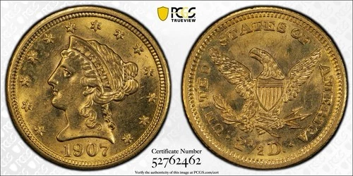 1907 $2.50 Liberty Head Gold Quarter Eagle U.S. Coin PCGS MS64 Gold Shield