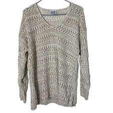Vintage Beige Crochet Sweater Women M Open Knit Boho Coastal Beach Coverup USA