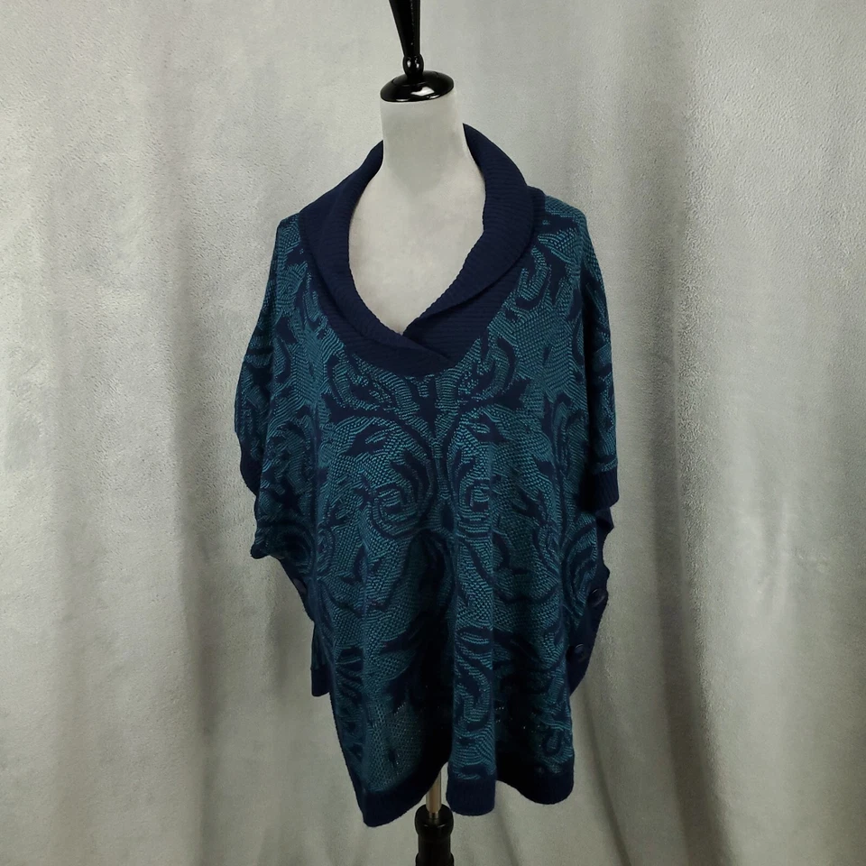 Catherines Suéter Capa Poncho Mujer 2X 3X Azul Floral Capucha Chal Pullover Foto 2 de 4