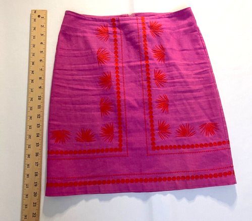 Boden Womens Linen Skirt Pink Knee Length Red Floral Embroidery Detail Size 2 - Picture 3 of 8