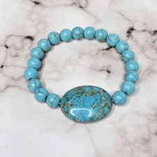 8mm Blue Turquoise Gemstone Bead Stretchy Bracelet 6" AAA Simulated Lg Polished