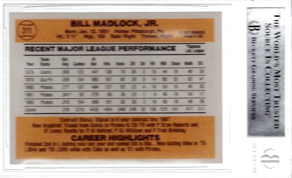 BILL MADLOCK - Certified Auto - 1983 Donruss #311 - Image 2 of 2