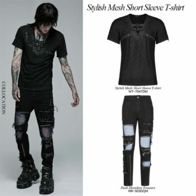 Punk Rave Men's Gothic Daily Stylish Mesh V-neck Short Sleeve T-shirt Slim Tops