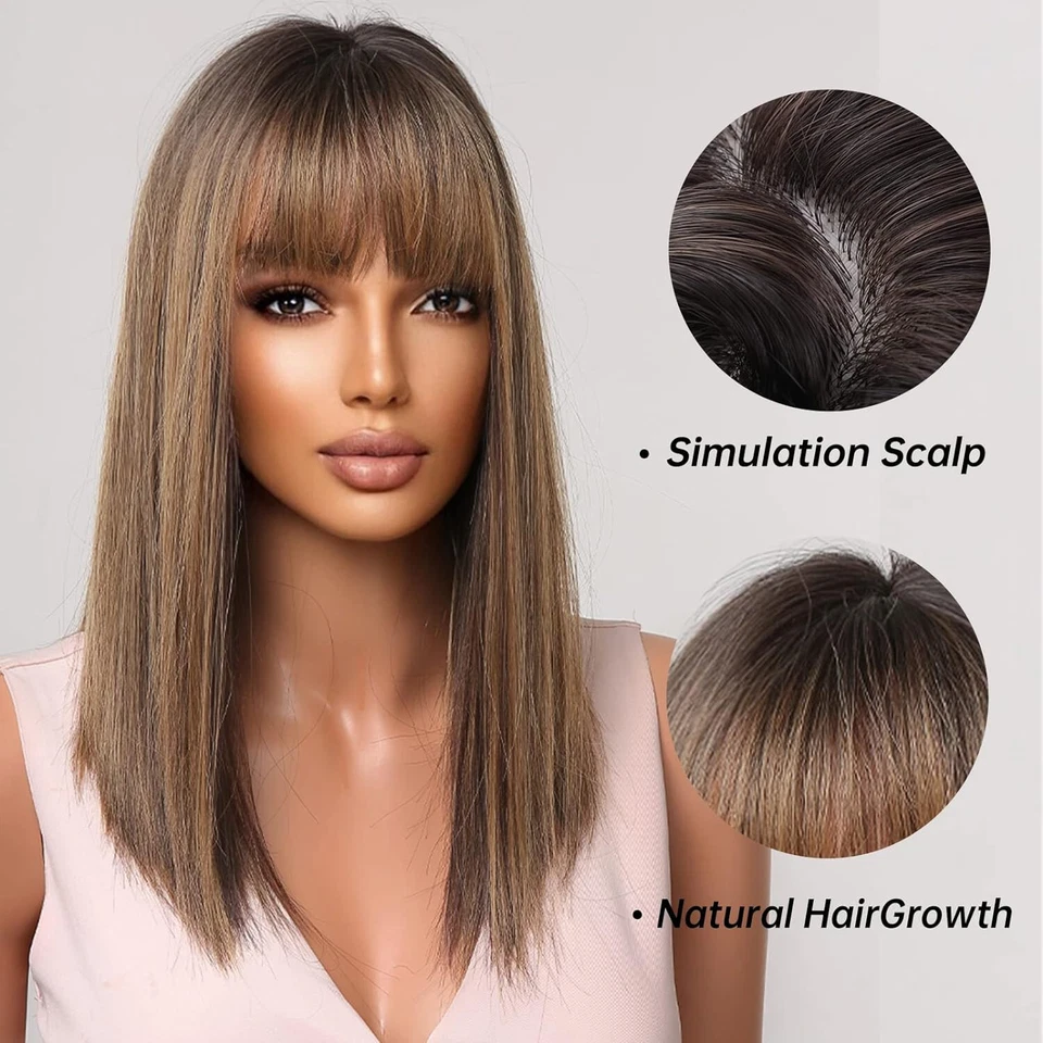 Brun mixte blond perruque pour femme usage quotidien cheveux avec une frange - Photo 2/4