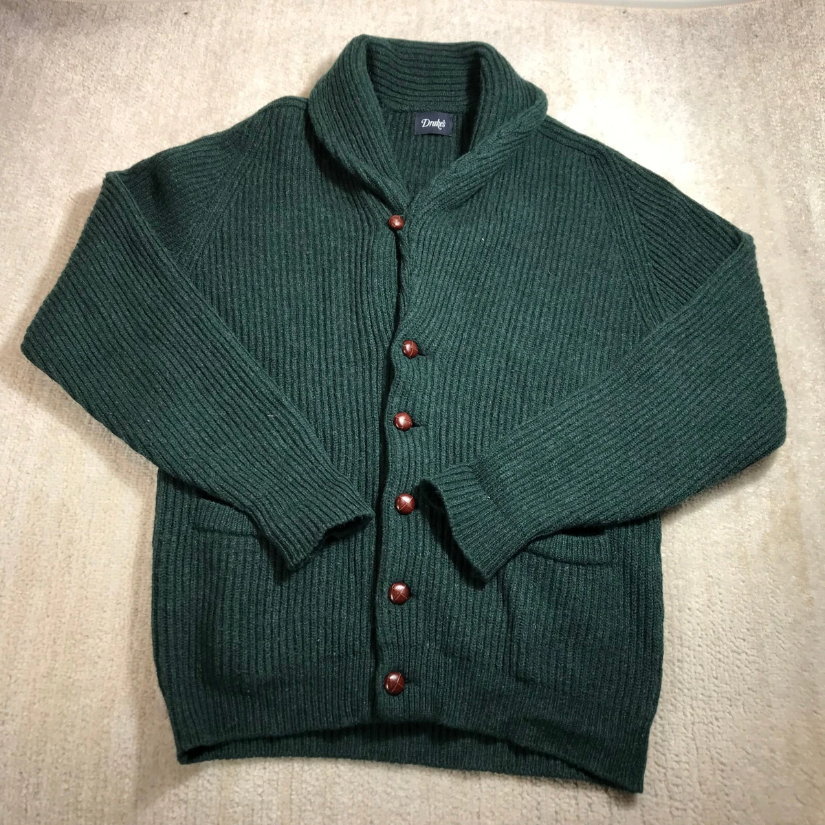 Drakes Sweater Mens 42 Shawl Collar Cardigan Green Lambswool Scotland Casual