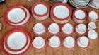 VINTAGE PYREX MILK GLASS DINNERWARE  GOLD TRIM RED SALAD PLATE 8 IN SET OF 2