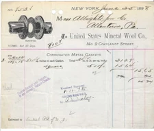 1898 Invoice, United States Mineral Wool Co. No 2 Corlandt St. New York City