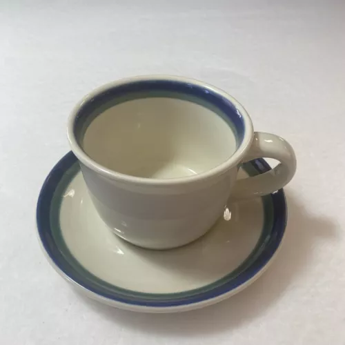 Pfaltzgraff Northwinds Coffee Tea Cup Blue Green Stripe Mug 6” Saucer USA 8 oz