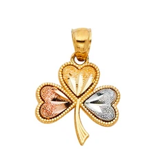 GOLD -14K Tri Color Gold 3 Leaf Heart Clover Charm Pendant For Necklace or Chain